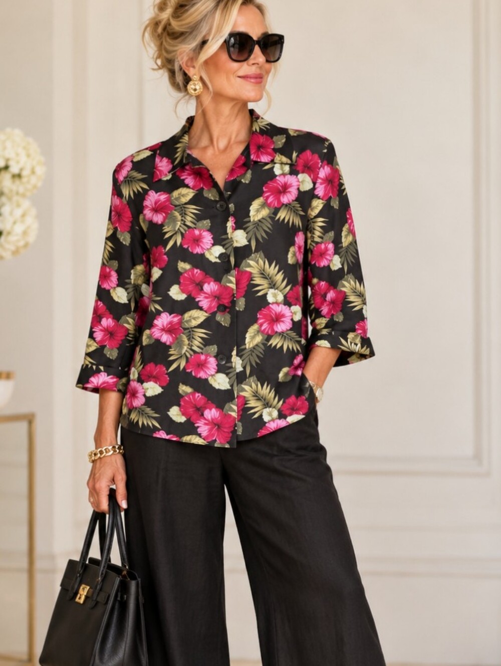 SilkLand 100% silk Black Button-Down Blouse/Shirt Pink Hibiscus Floral  Sz 8